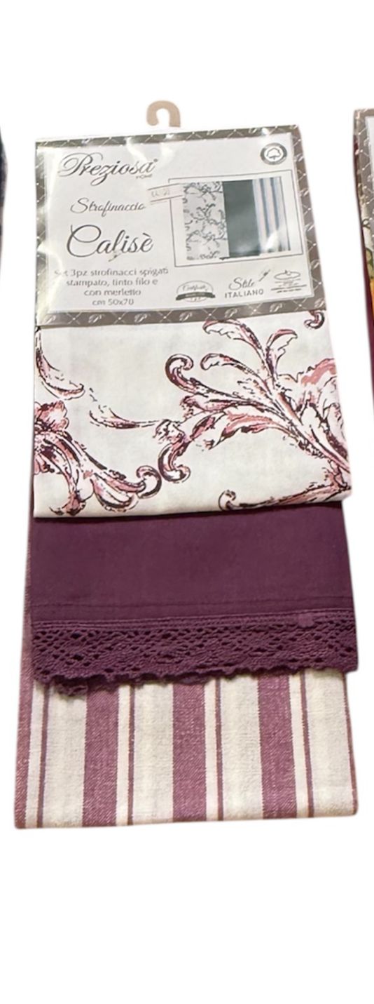 Set 3 Strofinacci Calisè Spring Preziosa Home – Spigati, Stampati e con Merletto 50x70 cm