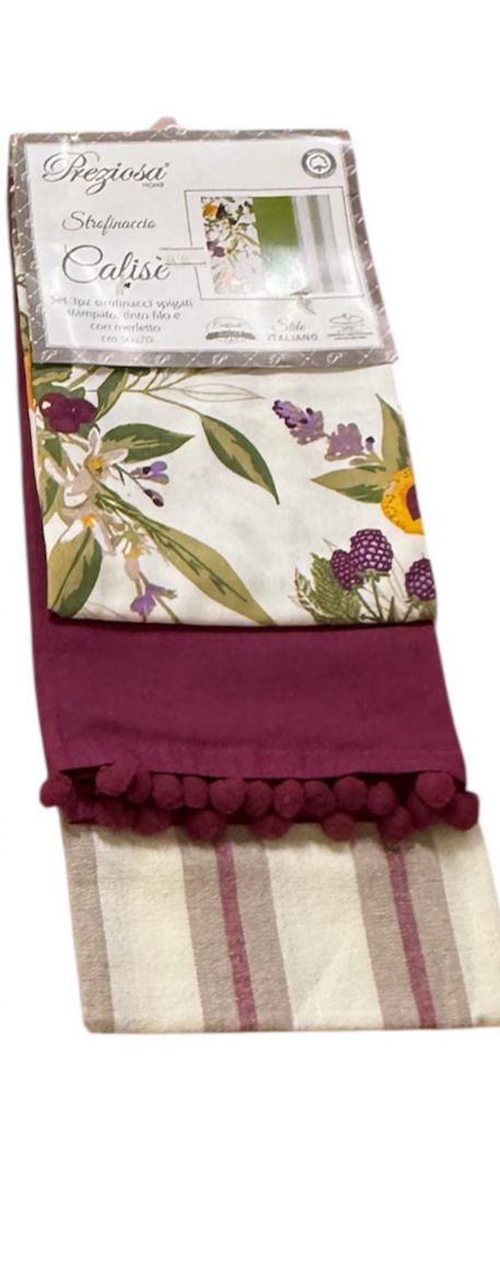 Set 3 Strofinacci Calisè Berry Preziosa Home – Spigati, Stampati e con Merletto 50x70 cm