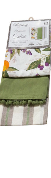 Set 3 Strofinacci Calisè Berry Preziosa Home – Spigati, Stampati e con Merletto 50x70 cm