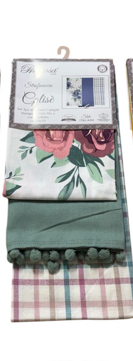 Set 3 Strofinacci Calisè Rose Preziosa Home – Spigati, Stampati e con Merletto 50x70 cm