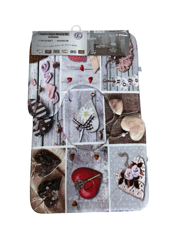 Set 3 Pezzi Tappeti Bagno Doriana Memory 3D – Antiscivolo, Morbidi e Assorbenti